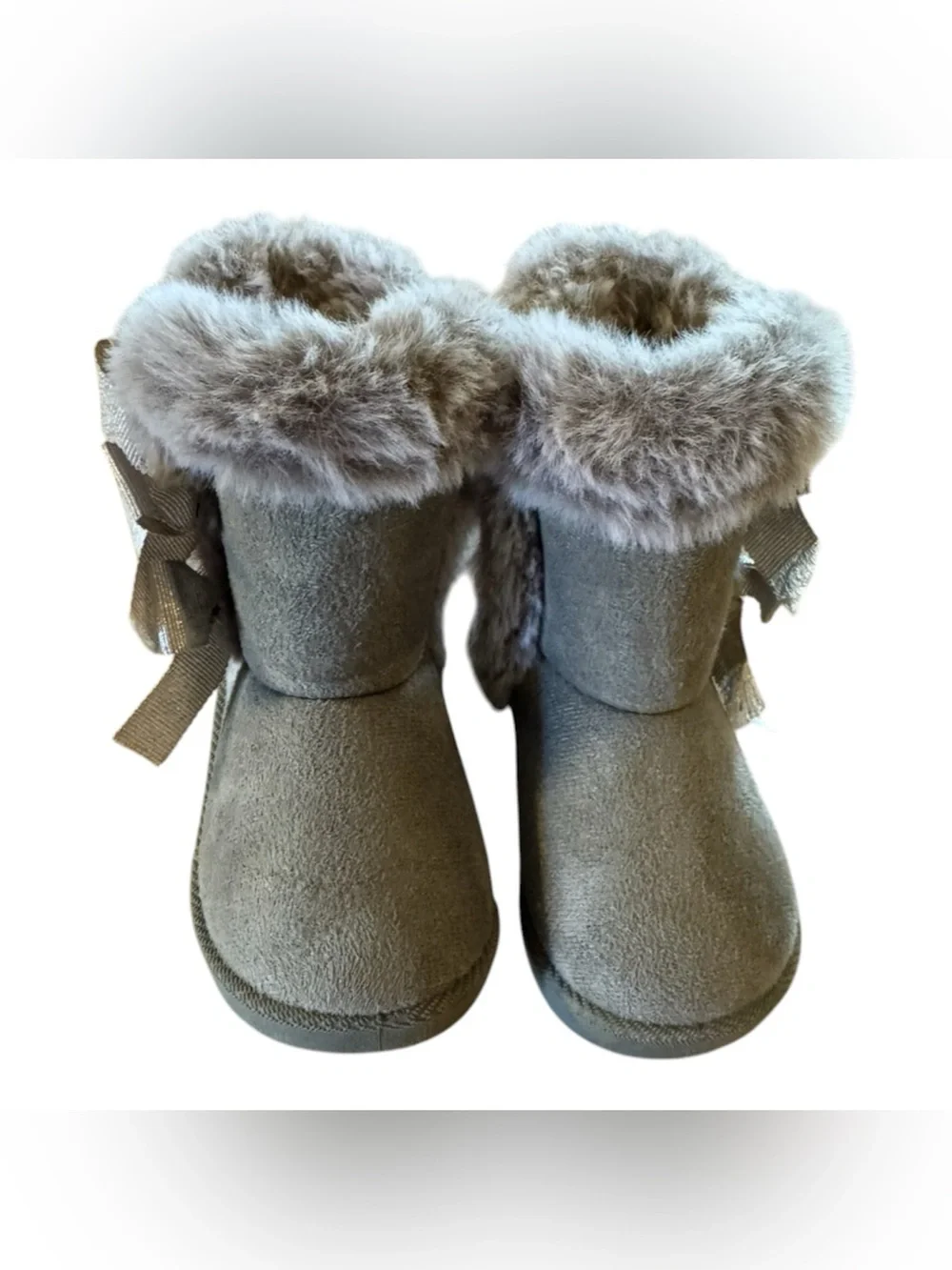 Baby Girl Faux Fur Bow Grey Booties Size 3 Cozy